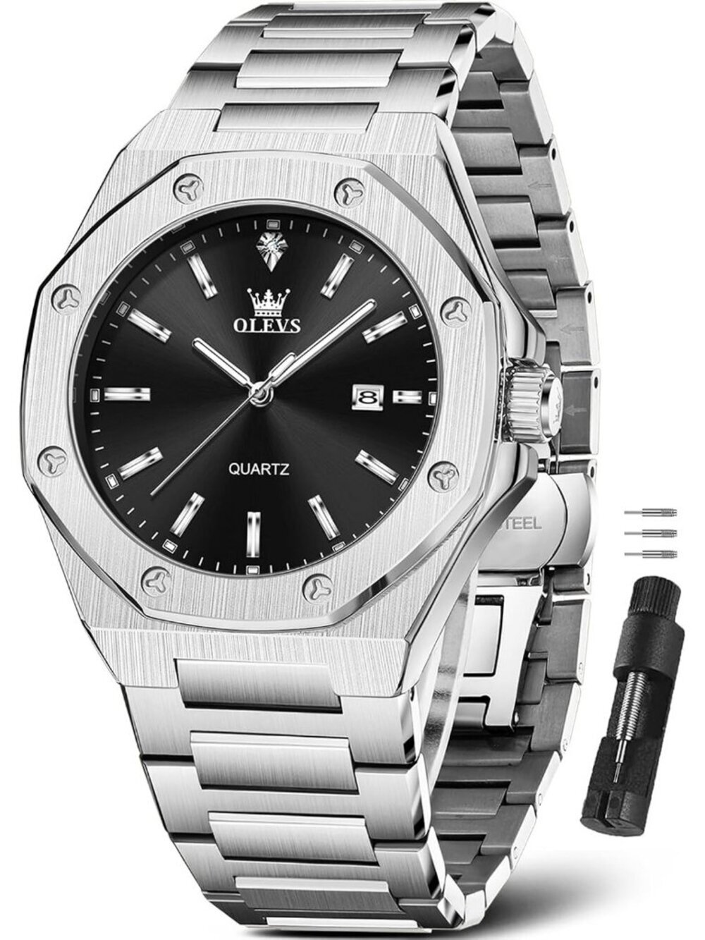 Men's Silver/Black Luxury Octagon Stainless Steel Waterproof Dress Wrist Watch